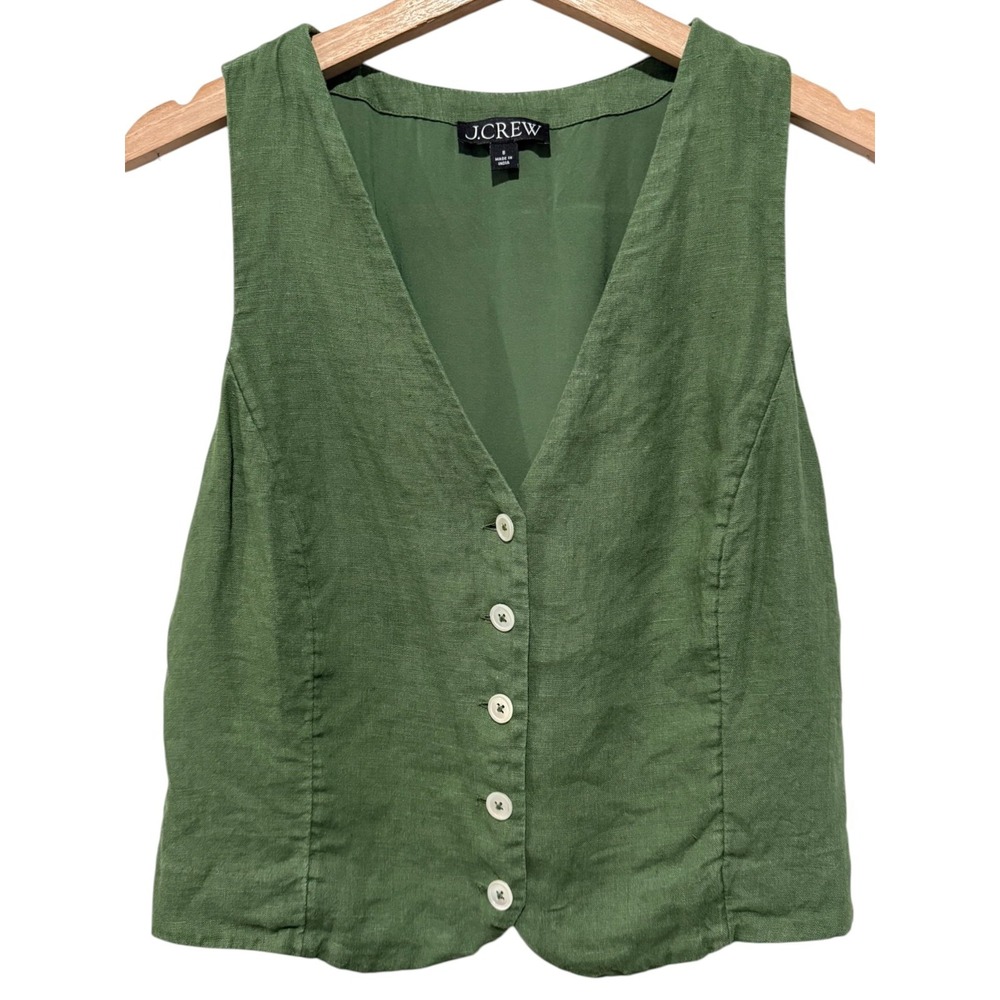 J. Crew Linen Vest Sleeveless Button Front Top Women Size 8 Green V-Neck Preppy